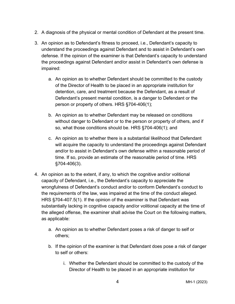 Form MH-1 (3C-P-505) Order Suspending Proceedings for Examination of Defendant as to Fitness and Penal Responsibility Pursuant to Hrs Chapter 704 and Order for Transport - Hawaii, Page 4