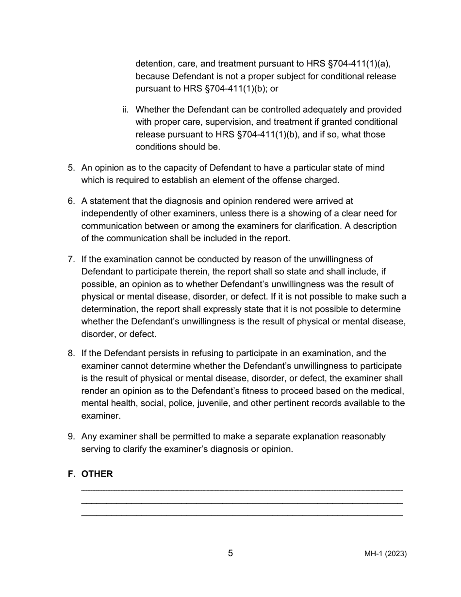 Form MH-1 (3C-P-505) Order Suspending Proceedings for Examination of Defendant as to Fitness and Penal Responsibility Pursuant to Hrs Chapter 704 and Order for Transport - Hawaii, Page 5