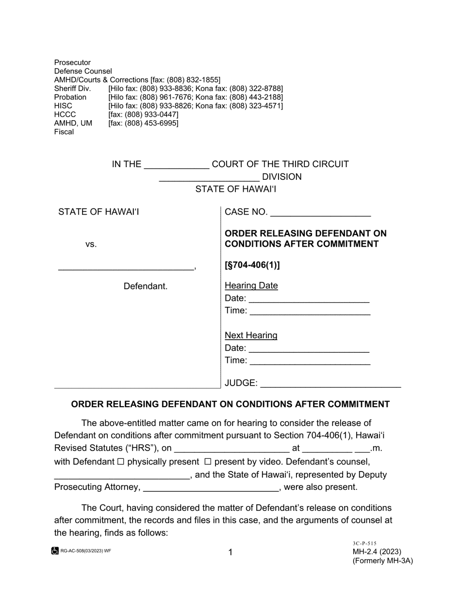 Form MH-2.4 (3C-P-515) Order Releasing Defendant on Conditions After Commitment - Hawaii, Page 1