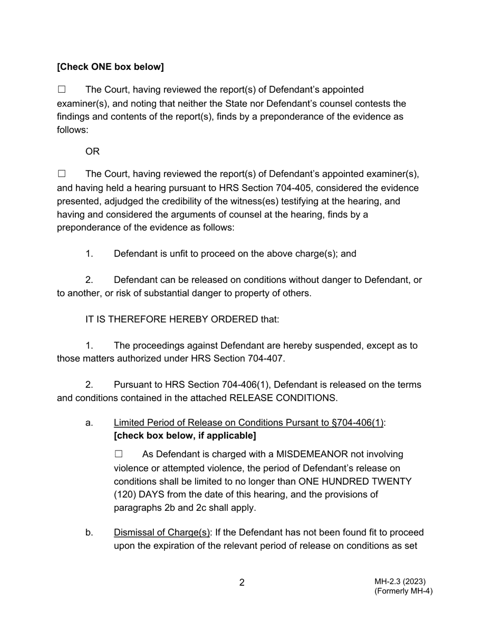 Form MH-2.3 (3C-P-514) Order Finding Defendant Unfit to Proceed, Suspending Proceedings, and Releasing Defendant on Conditions - Hawaii, Page 2