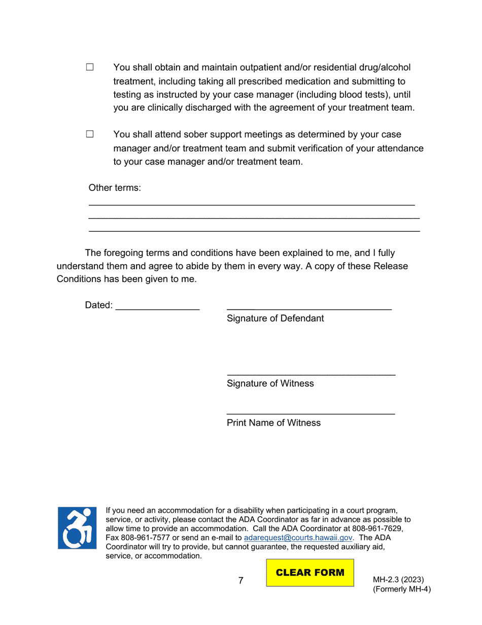 Form MH-2.3 (3C-P-514) Order Finding Defendant Unfit to Proceed, Suspending Proceedings, and Releasing Defendant on Conditions - Hawaii, Page 7