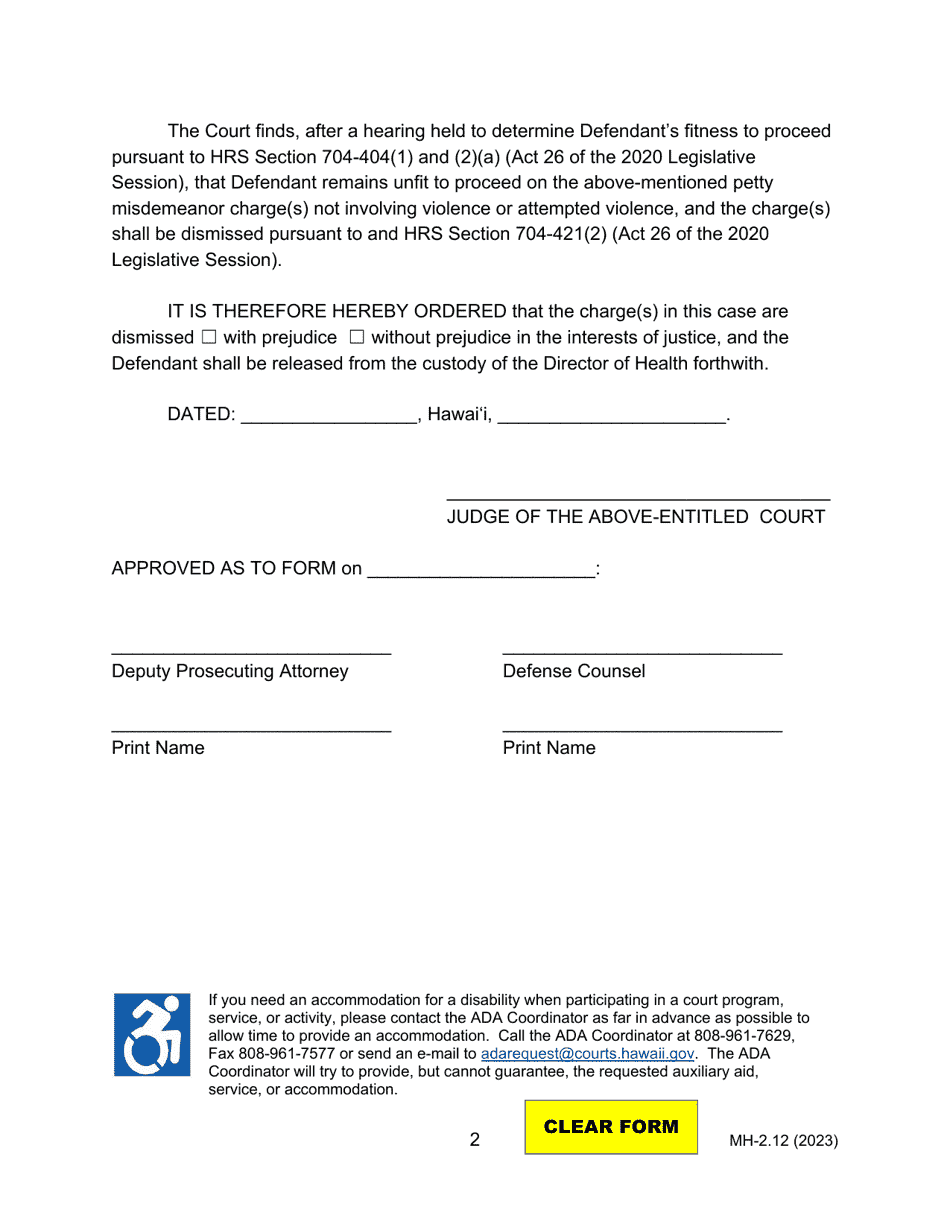 Form MH-2.12 (3C-P-523) Order of Dismissal and Release of Defendant From the Custody of the Director of Health Pursuant to Hrs Section 704-421 (Act 26) - Hawaii, Page 2