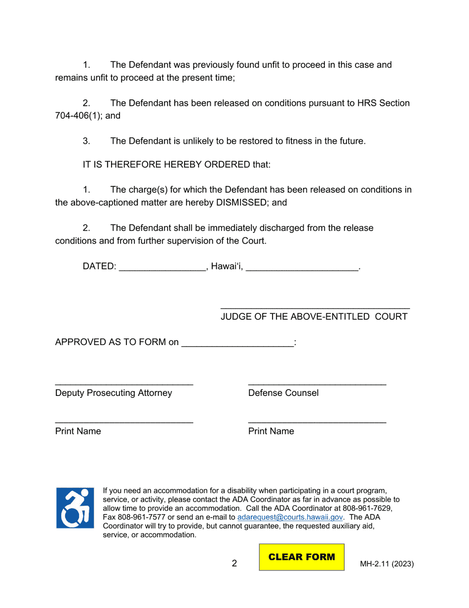 Form MH-2.11 (3C-P-522) Order of Dismissal and Discharge From Release on Conditions of Defendant Unlikely to Regain Fitness - Hawaii, Page 2