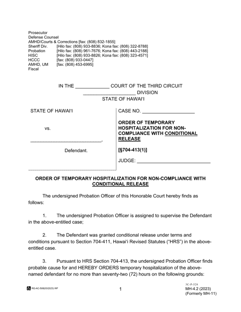 Form MH-4.2 (3C-P-528) Order of Temporary Hospitalization for Non-compliance With Conditional Release - Hawaii