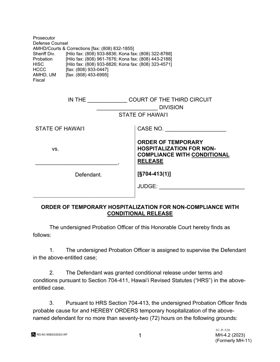 Form MH-4.2 (3C-P-528) Order of Temporary Hospitalization for Non-compliance With Conditional Release - Hawaii, Page 1