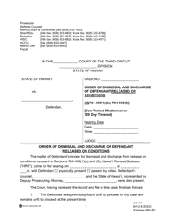 Form MH-2.8 (3C-P-519) Order of Dismissal and Discharge of Defendant Released on Conditions - Hawaii