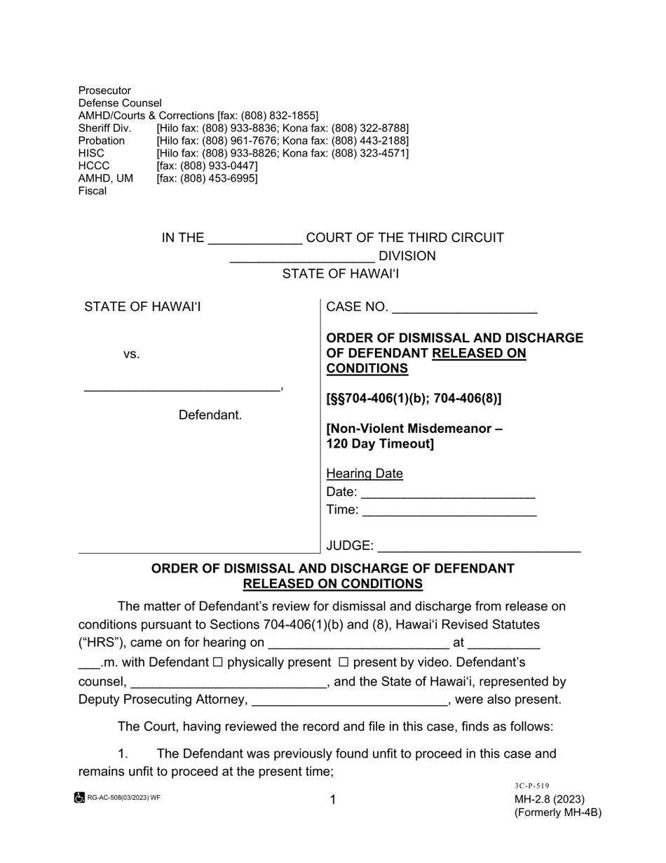 Form MH-2.8 (3C-P-519) Order of Dismissal and Discharge of Defendant Released on Conditions - Hawaii, Page 1