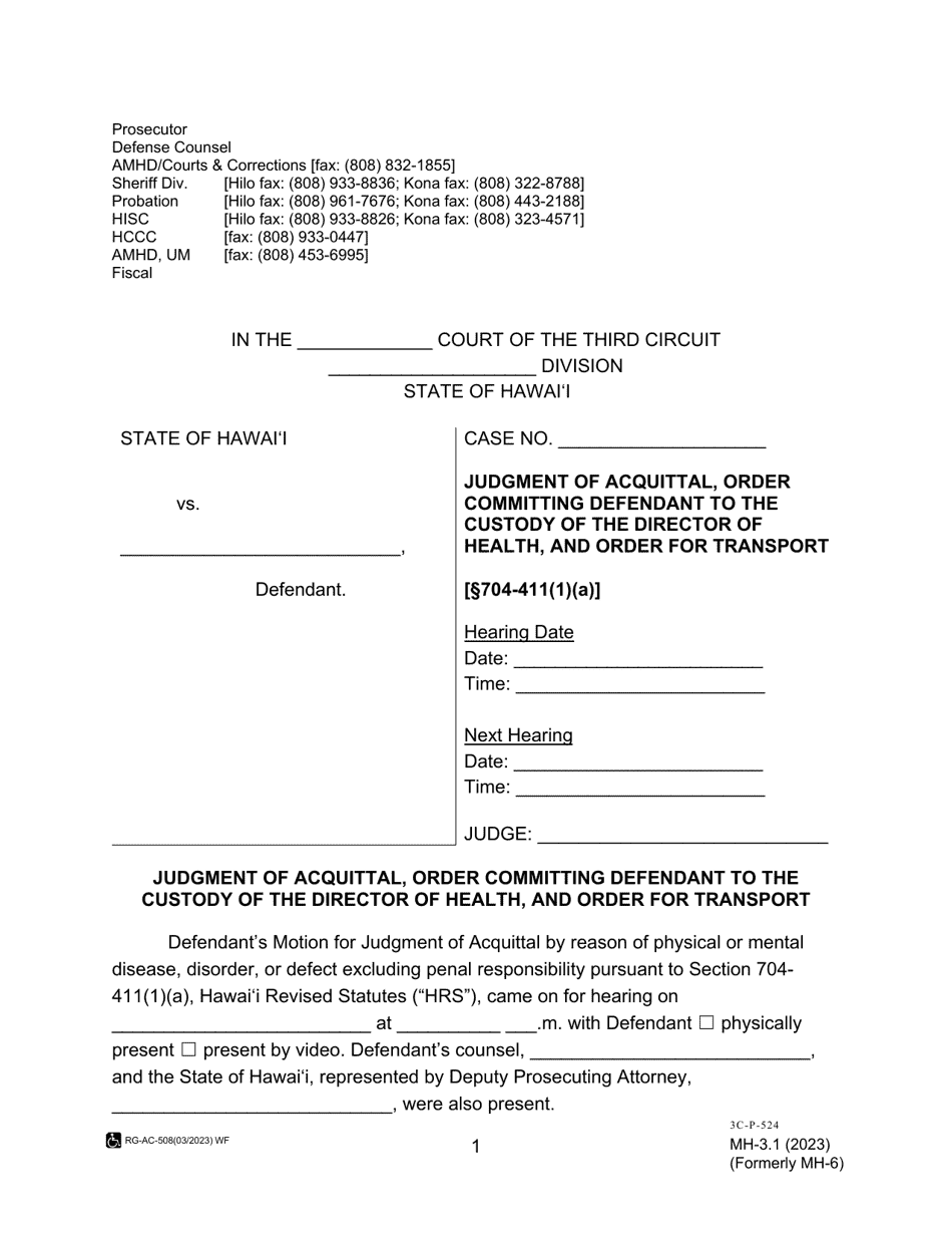 Form MH-3.1 (3C-P-524) Judgment of Acquittal, Order Committing Defendant to the Custody of the Director of Health, and Order for Transport - Hawaii, Page 1