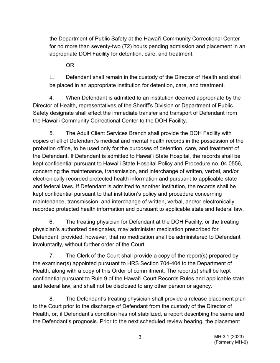 Form MH-3.1 (3C-P-524) Judgment of Acquittal, Order Committing Defendant to the Custody of the Director of Health, and Order for Transport - Hawaii, Page 3