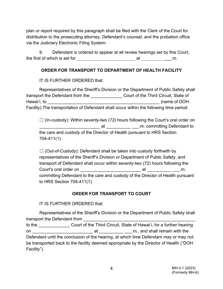 Form MH-3.1 (3C-P-524) Judgment of Acquittal, Order Committing Defendant to the Custody of the Director of Health, and Order for Transport - Hawaii, Page 4
