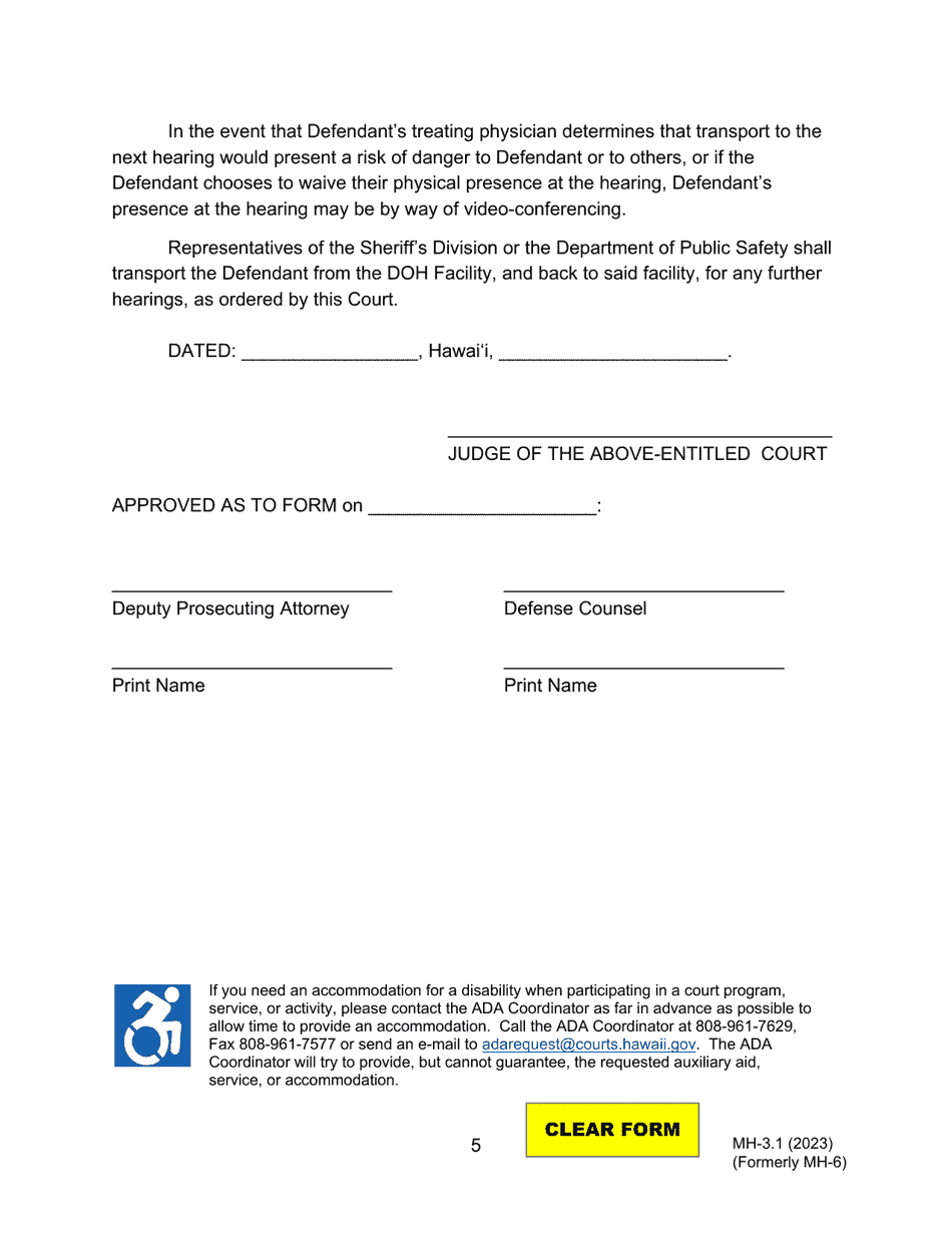 Form MH-3.1 (3C-P-524) Judgment of Acquittal, Order Committing Defendant to the Custody of the Director of Health, and Order for Transport - Hawaii, Page 5
