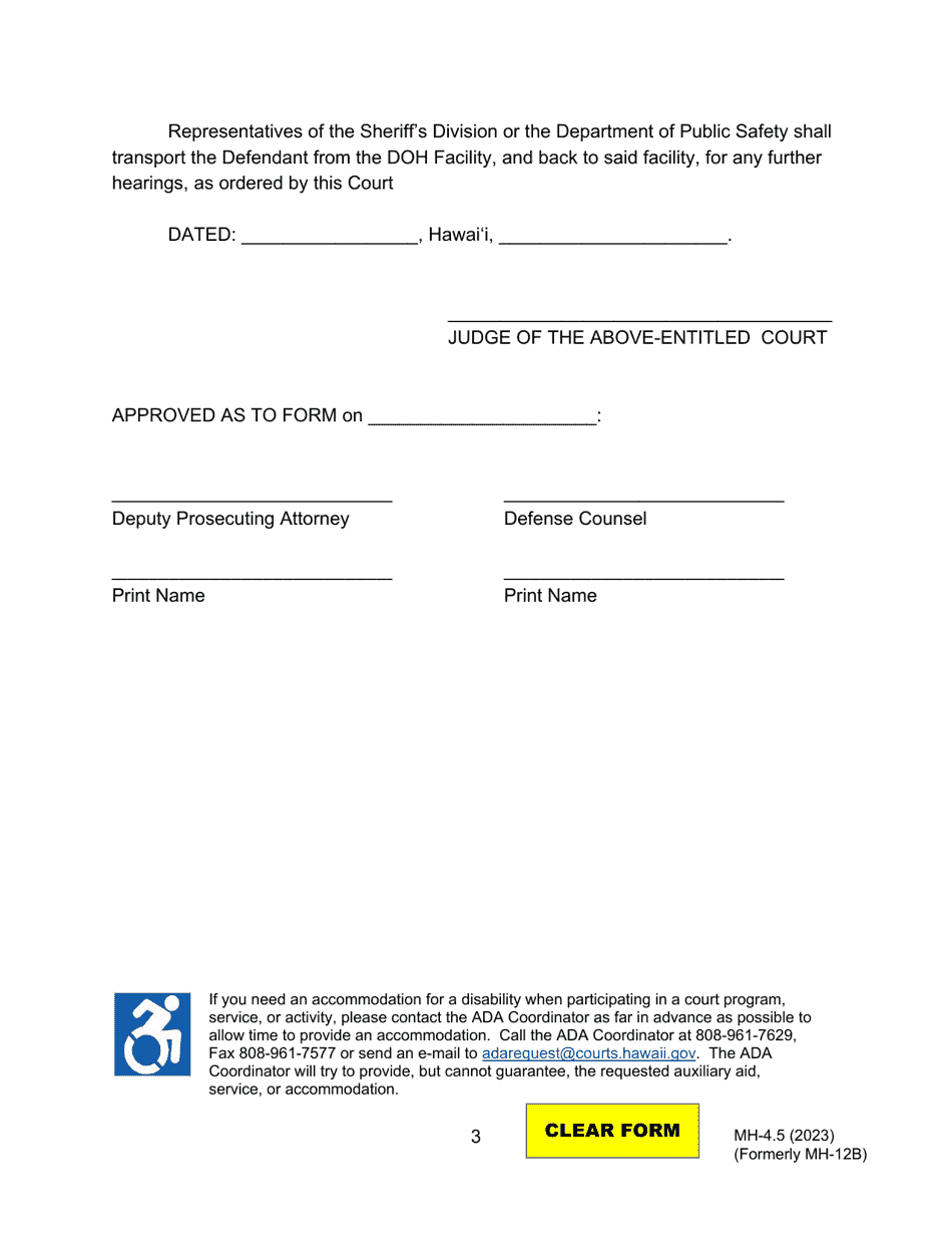 Form MH-4.5 (3C-P-531) Order Granting Motion to Extend Temporary Hospitalization Beyond 72 Hours After Contested Hearing and Order for Transport - Hawaii, Page 3