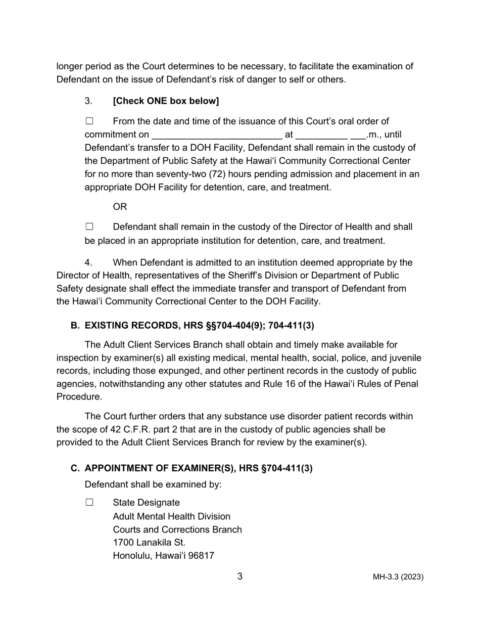 Form MH-3.3 (3C-P-526) Judgment of Acquittal, Order Committing Defendant to the Custody of the Director of Health Pending Examination of the Issue of Defendants Risk of Danger, Setting Post-acquittal Hearing, and Order for Transport - Hawaii, Page 3