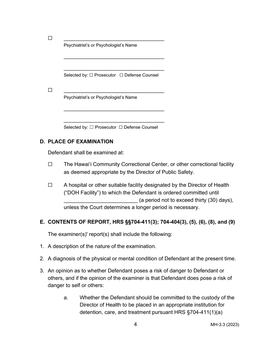 Form MH-3.3 (3C-P-526) Judgment of Acquittal, Order Committing Defendant to the Custody of the Director of Health Pending Examination of the Issue of Defendants Risk of Danger, Setting Post-acquittal Hearing, and Order for Transport - Hawaii, Page 4