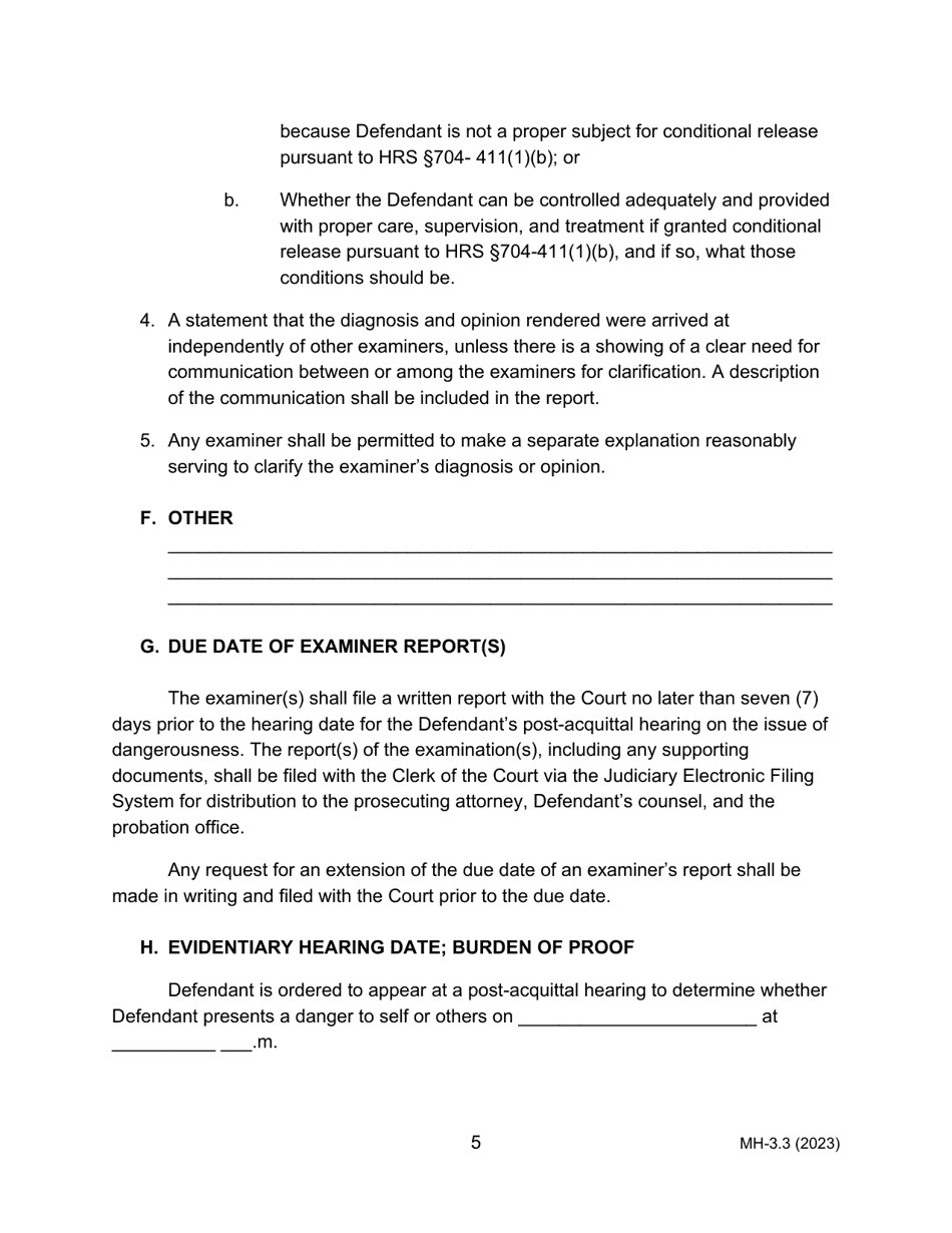 Form MH-3.3 (3C-P-526) Judgment of Acquittal, Order Committing Defendant to the Custody of the Director of Health Pending Examination of the Issue of Defendants Risk of Danger, Setting Post-acquittal Hearing, and Order for Transport - Hawaii, Page 5