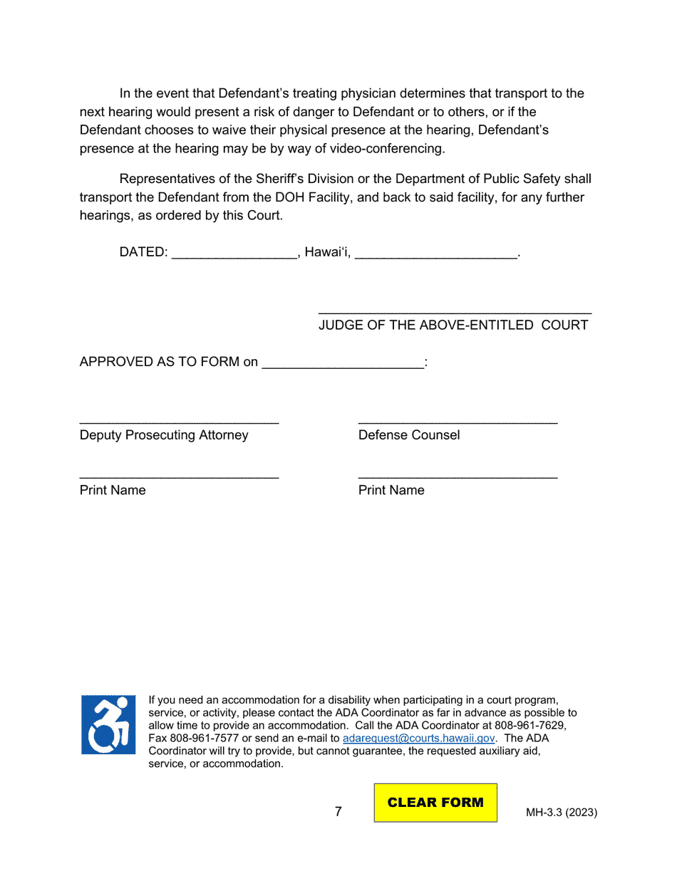 Form MH-3.3 (3C-P-526) Judgment of Acquittal, Order Committing Defendant to the Custody of the Director of Health Pending Examination of the Issue of Defendants Risk of Danger, Setting Post-acquittal Hearing, and Order for Transport - Hawaii, Page 7