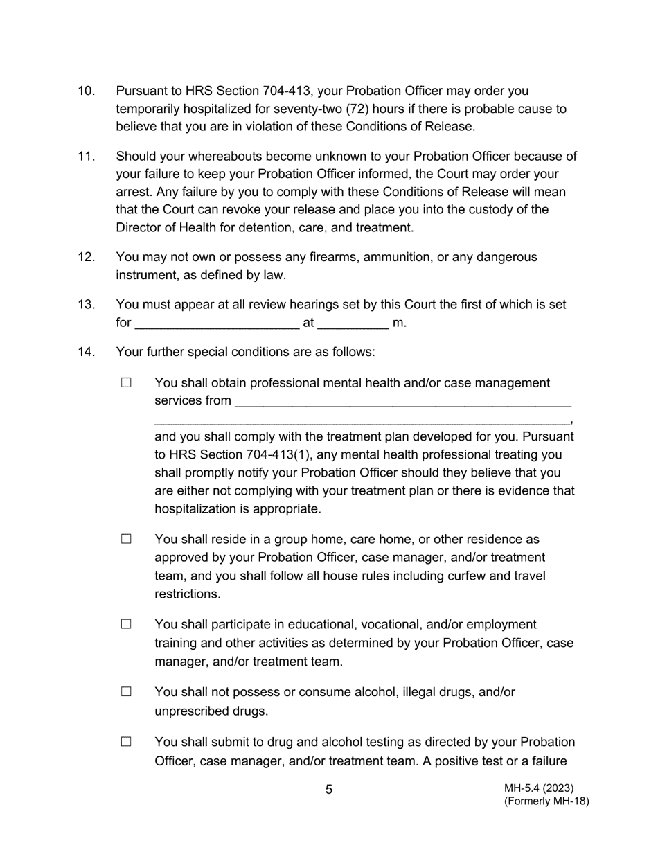 Form MH-5.4 (3C-P-540) Order Granting Application for Modification of Terms and Conditions of Conditional Release - Hawaii, Page 5