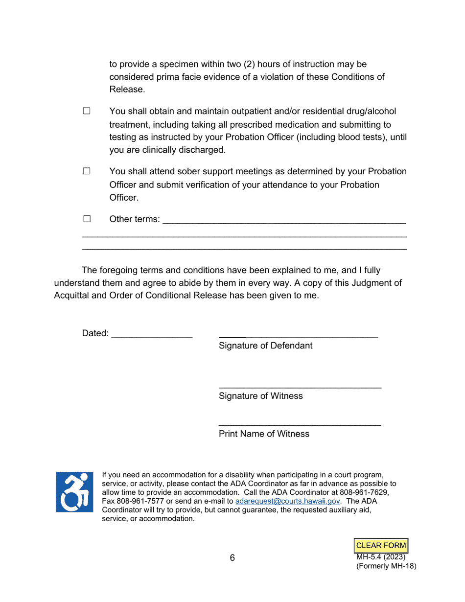 Form MH-5.4 (3C-P-540) Order Granting Application for Modification of Terms and Conditions of Conditional Release - Hawaii, Page 6