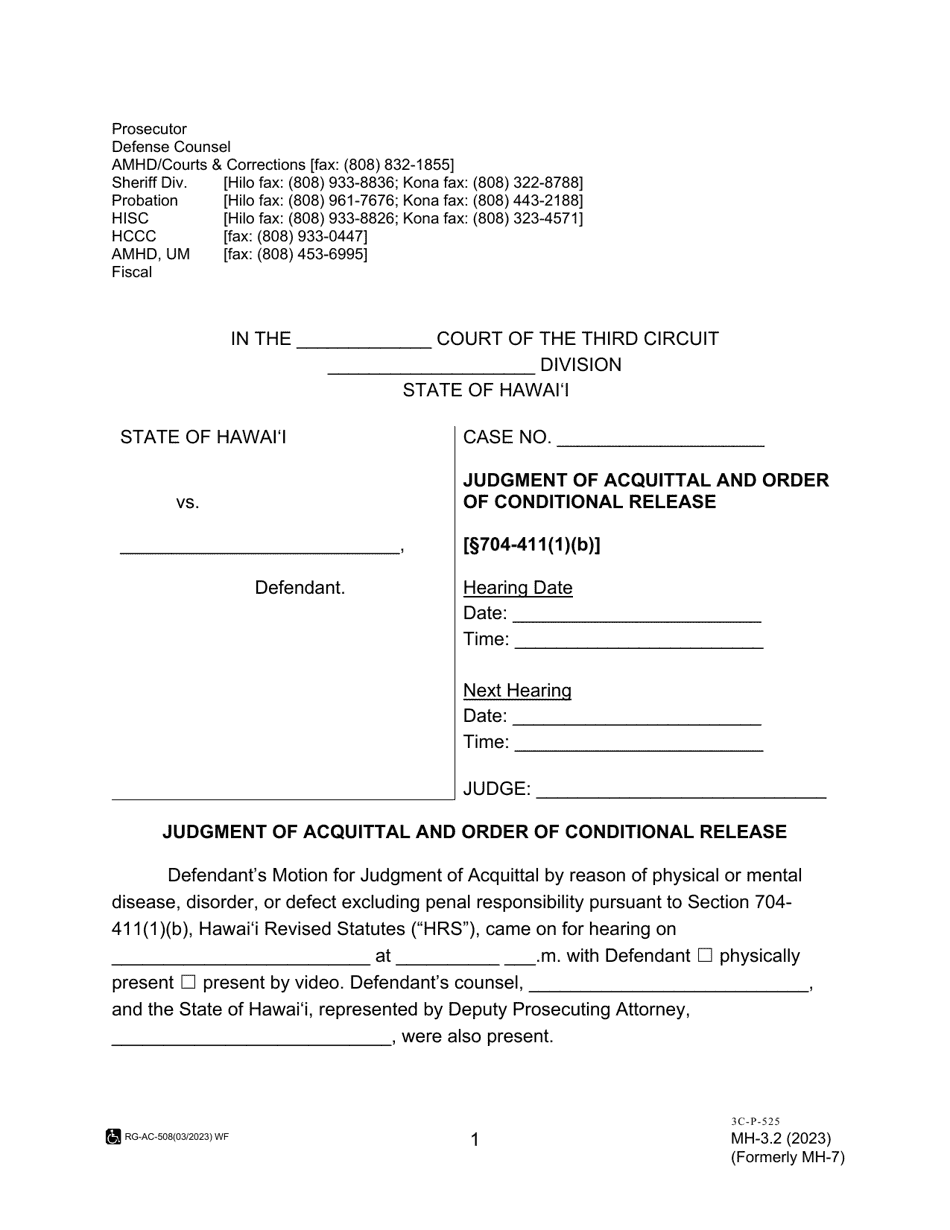 Form MH-3.2 (3C-P-525) Judgment of Acquittal and Order of Conditional Release - Hawaii, Page 1