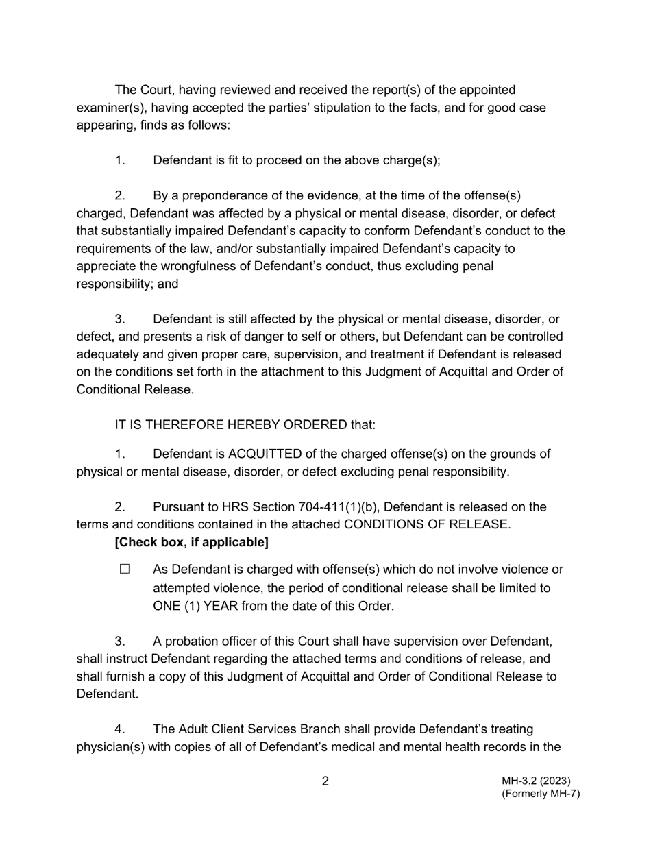 Form MH-3.2 (3C-P-525) Judgment of Acquittal and Order of Conditional Release - Hawaii, Page 2