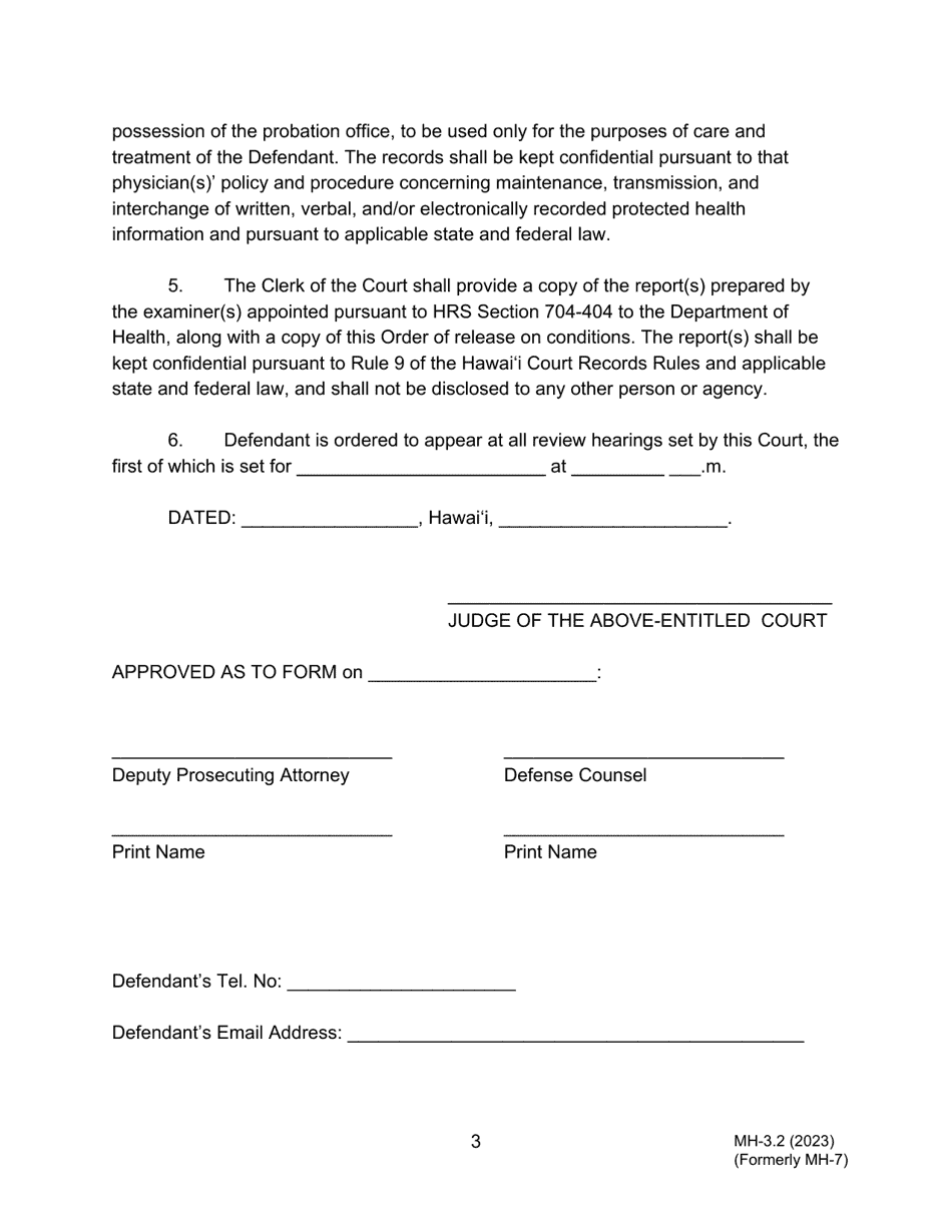 Form MH-3.2 (3C-P-525) Judgment of Acquittal and Order of Conditional Release - Hawaii, Page 3
