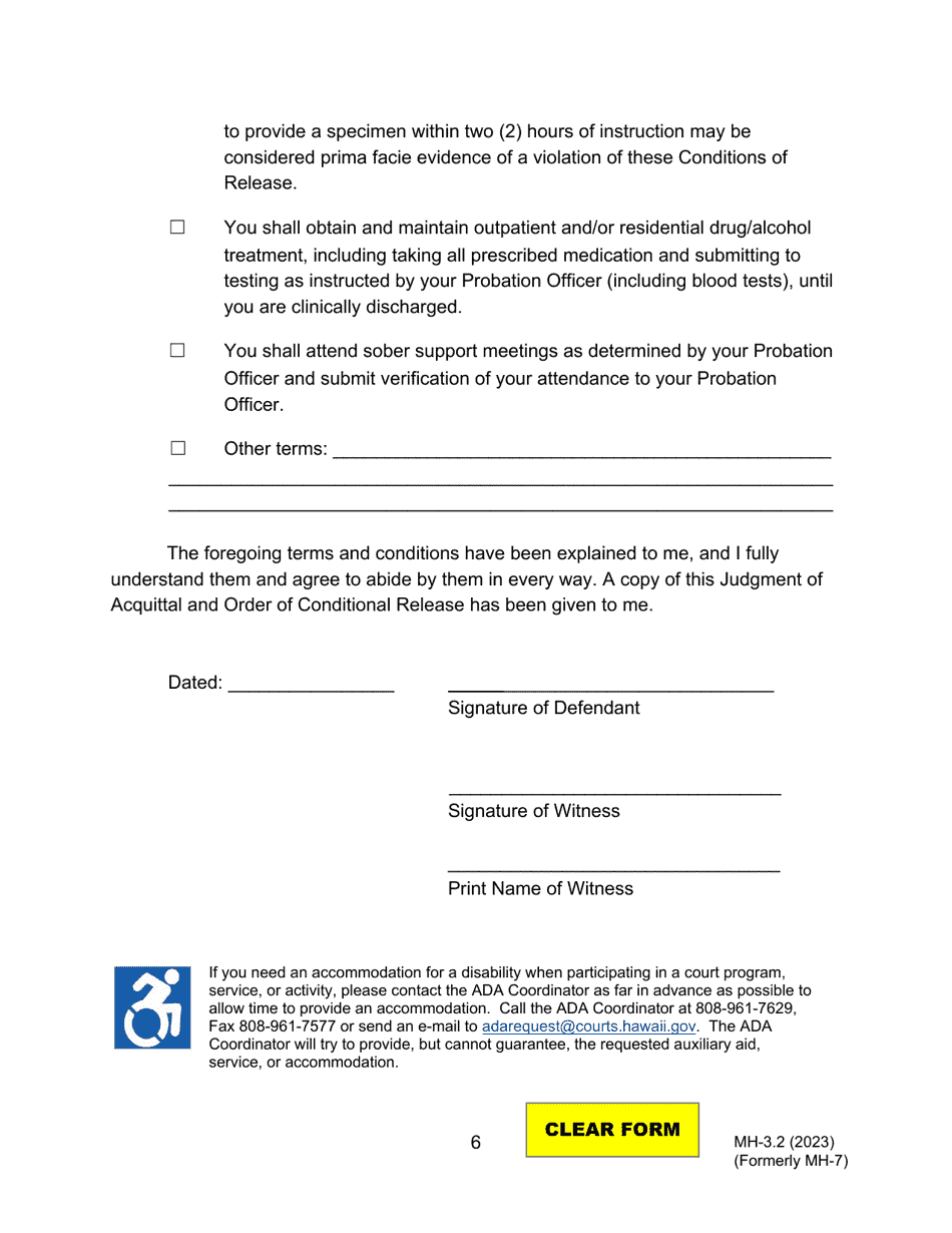 Form MH-3.2 (3C-P-525) Judgment of Acquittal and Order of Conditional Release - Hawaii, Page 6