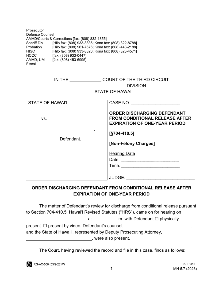 Form MH-5.7 (3C-P-543) Order Discharging Defendant From Conditional Release After Expiration of One-Year Period - Hawaii, Page 1