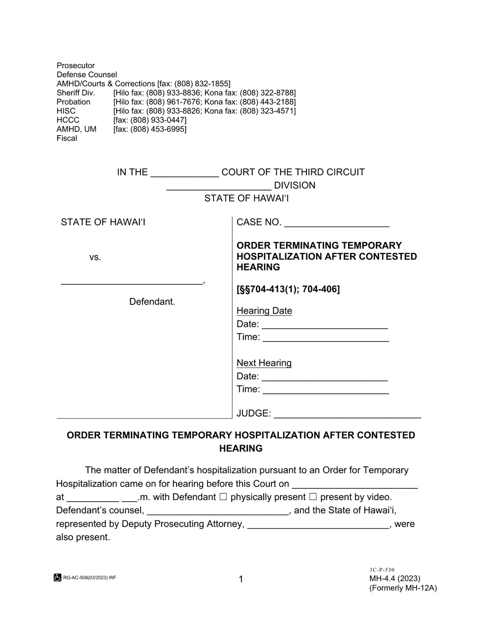 Form MH-4.4 (3C-P-530) Order Terminating Temporary Hospitalization After Contested Hearing - Hawaii, Page 1