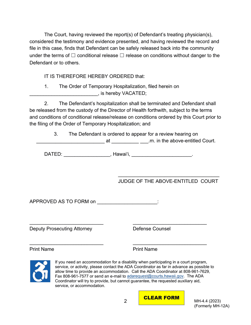 Form MH-4.4 (3C-P-530) Order Terminating Temporary Hospitalization After Contested Hearing - Hawaii, Page 2