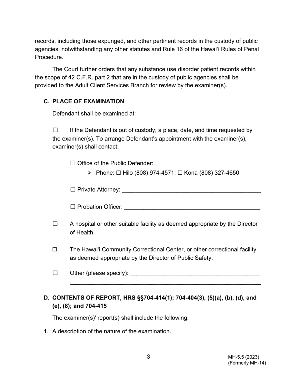 Form MH-5.5 (3C-P-541) Order for Examination of Defendant Upon Application for Discharge From Conditional Release and Further Court Supervision and Setting a Hearing on the Application - Hawaii, Page 3