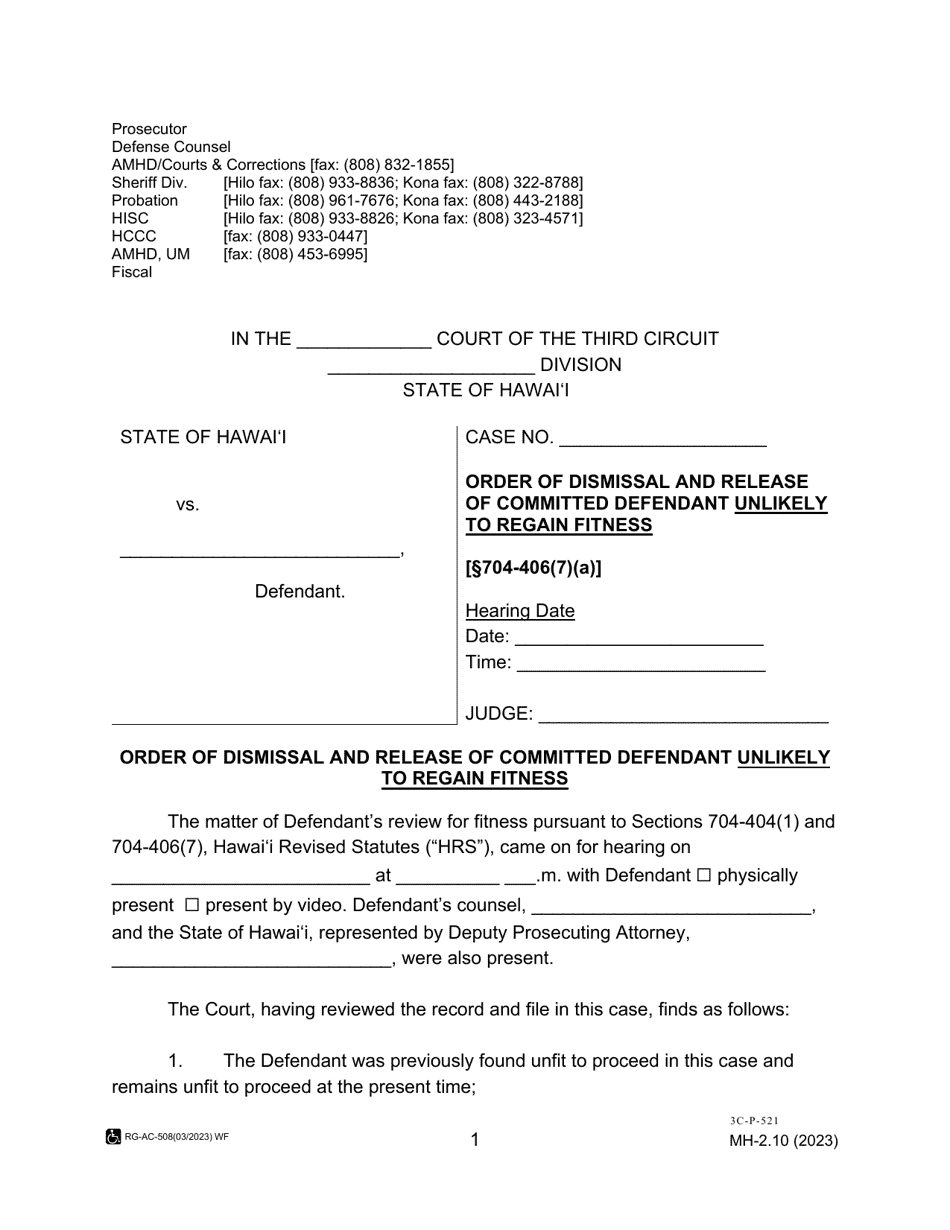 Form MH-2.10 (3C-P-521) Order of Dismissal and Release of Committed Defendant Unlikely to Regain Fitness - Hawaii, Page 1