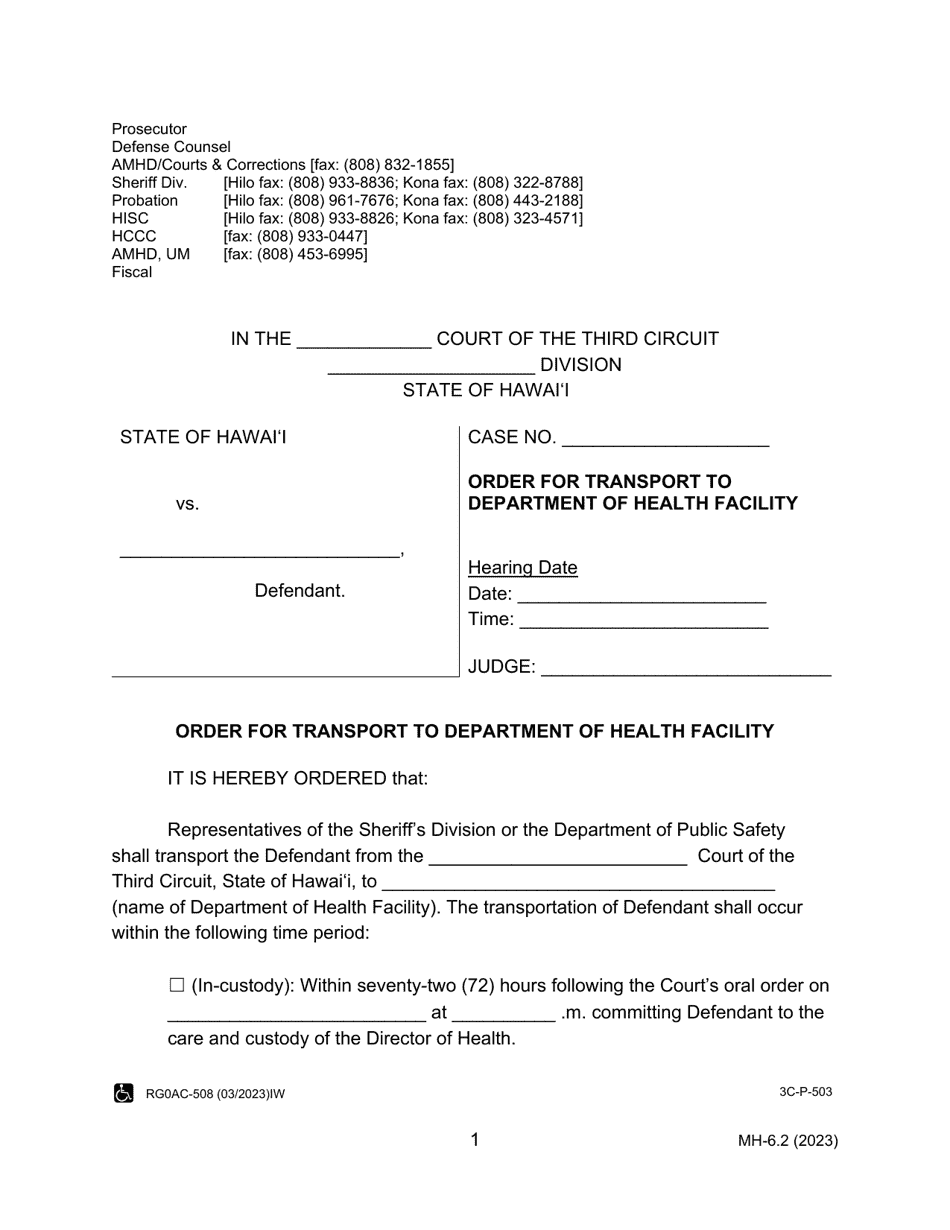 Form MH-6.2 (3C-P-503) Order for Transport to Department of Health Facility - Hawaii, Page 1