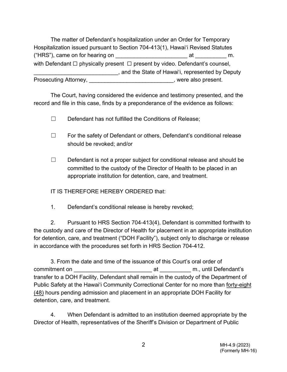 Form MH-4.9 (3C-P-535) Order Revoking Conditional Release After Temporary Hospitalization Hearing, Committing Defendant to the Custody of the Director of Health, and Order for Transport - Hawaii, Page 2