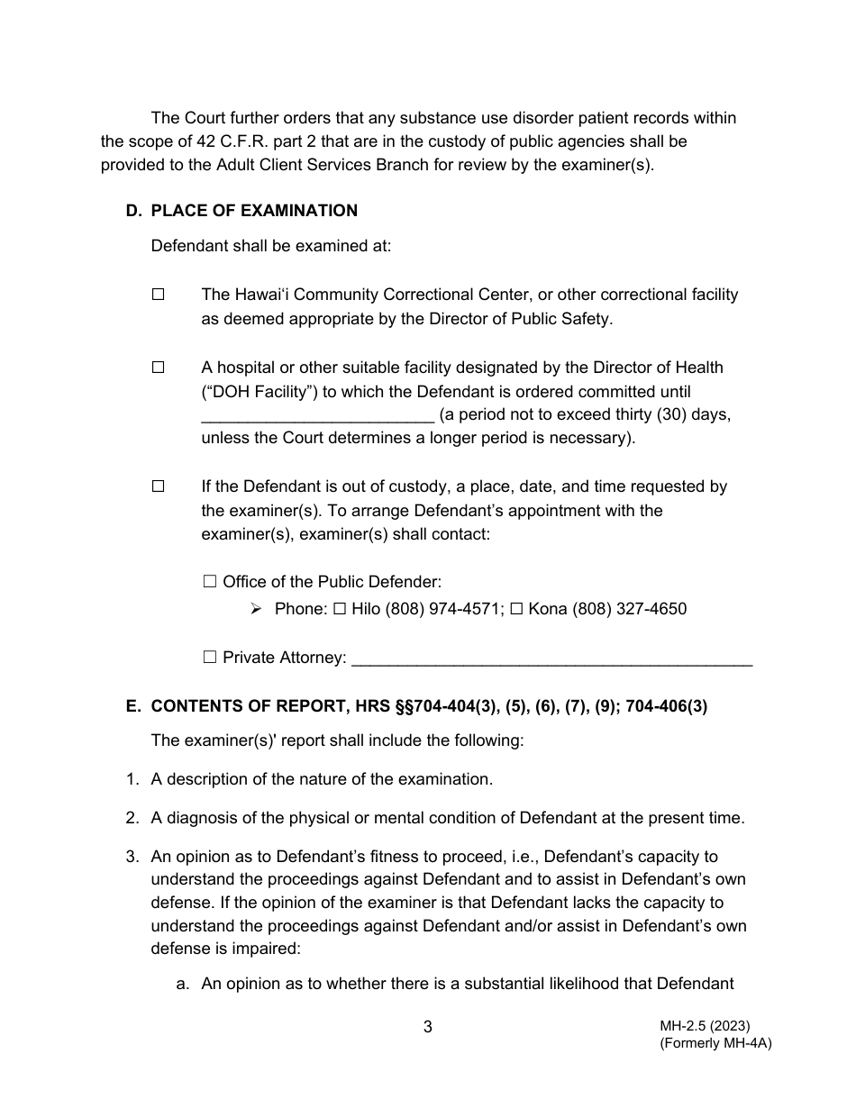 Form MH-2.5 (3C-P-516) Order for Re-examination as to Fitness to Proceed - Hawaii, Page 3