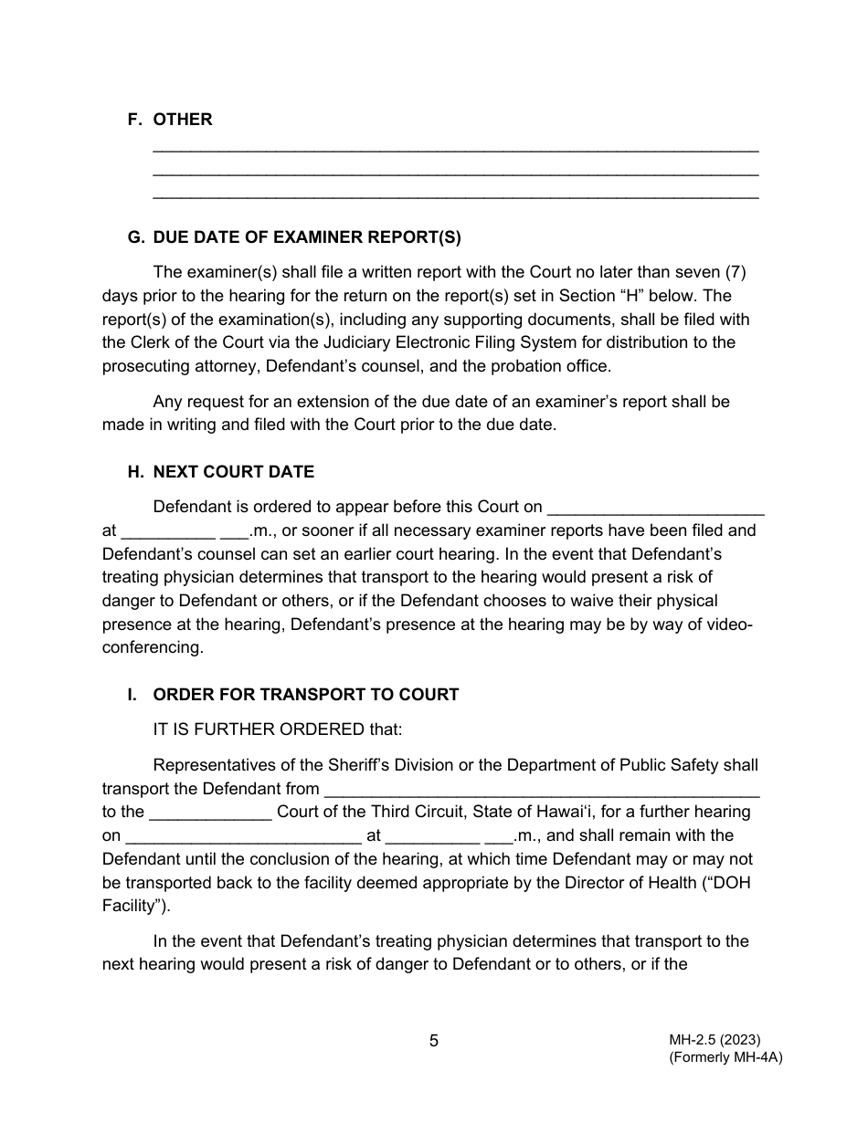 Form MH-2.5 (3C-P-516) Order for Re-examination as to Fitness to Proceed - Hawaii, Page 5