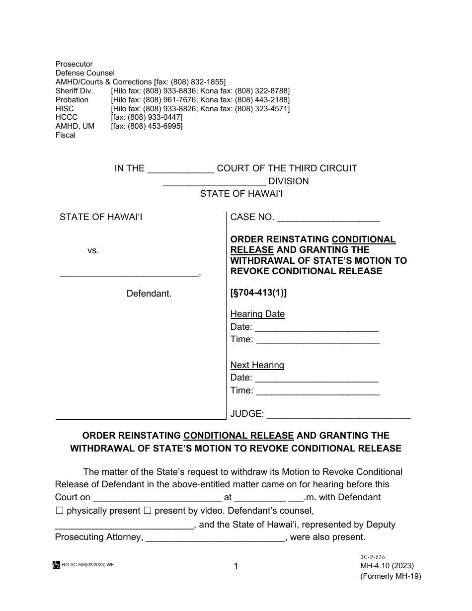 Form MH-4.10 (3C-P-536) Order Reinstating Conditional Release and Granting the Withdrawal of States Motion to Revoke Conditional Release - Hawaii, Page 1