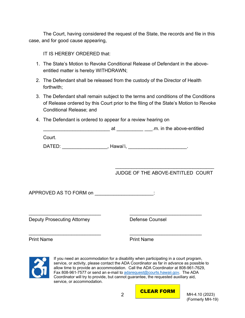 Form MH-4.10 (3C-P-536) Order Reinstating Conditional Release and Granting the Withdrawal of States Motion to Revoke Conditional Release - Hawaii, Page 2