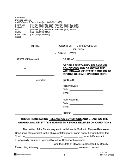 Form MH-4.7 (3C-P-533) Order Reinstating Release on Conditions and Granting the Withdrawal of State's Motion to Revoke Release on Conditions - Hawaii