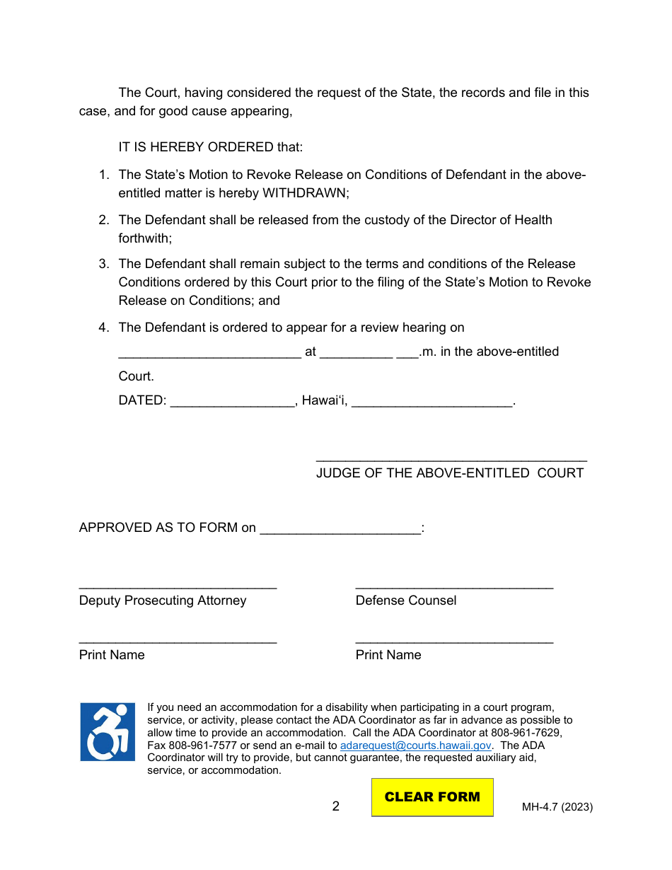 Form MH-4.7 (3C-P-533) Order Reinstating Release on Conditions and Granting the Withdrawal of States Motion to Revoke Release on Conditions - Hawaii, Page 2