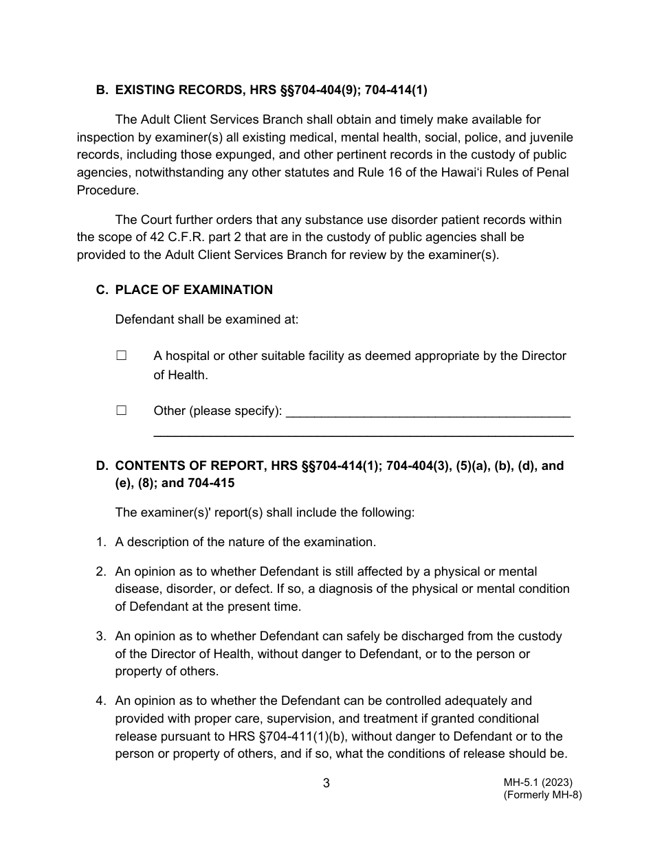 Form MH-5.1 (3C-P-537) Order for Examination of Committed Defendant Upon Application for Conditional Release or Discharge From the Custody of the Director of Health, Setting a Hearing on the Application, and Order for Transport - Hawaii, Page 3