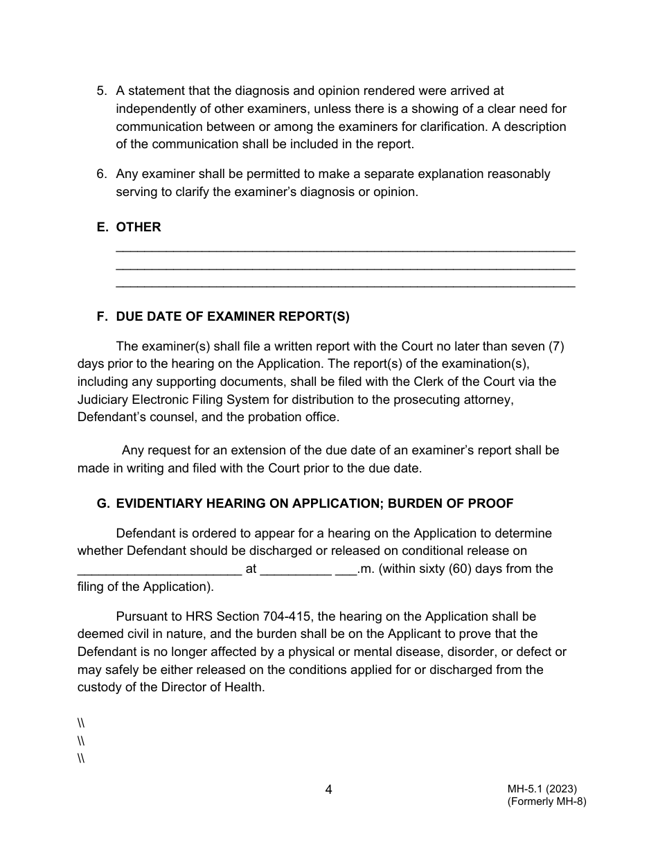 Form MH-5.1 (3C-P-537) Order for Examination of Committed Defendant Upon Application for Conditional Release or Discharge From the Custody of the Director of Health, Setting a Hearing on the Application, and Order for Transport - Hawaii, Page 4
