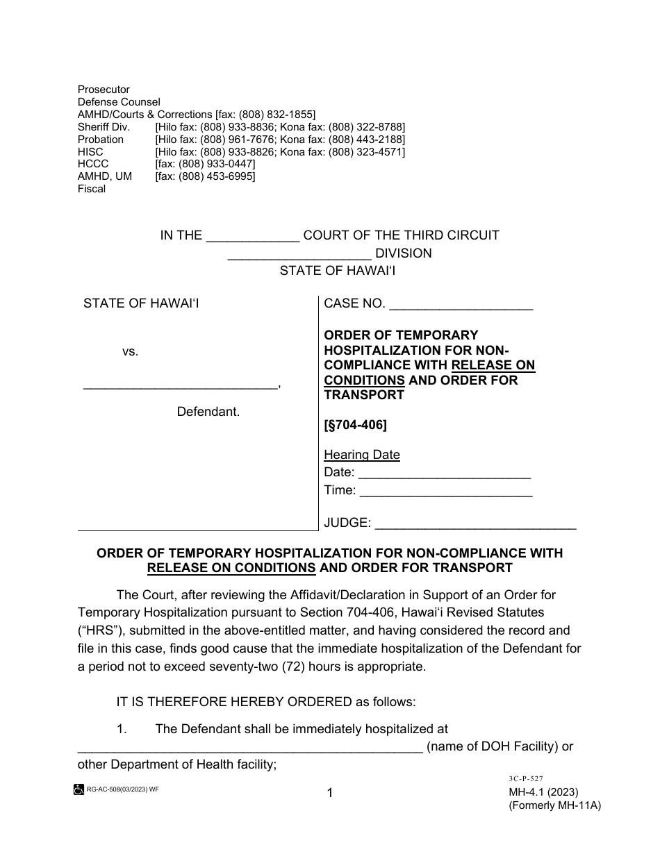 Form MH-4.1 (3C-P-527) Order of Temporary Hospitalization for Noncompliance With Release on Conditions and Order for Transport - Hawaii, Page 1