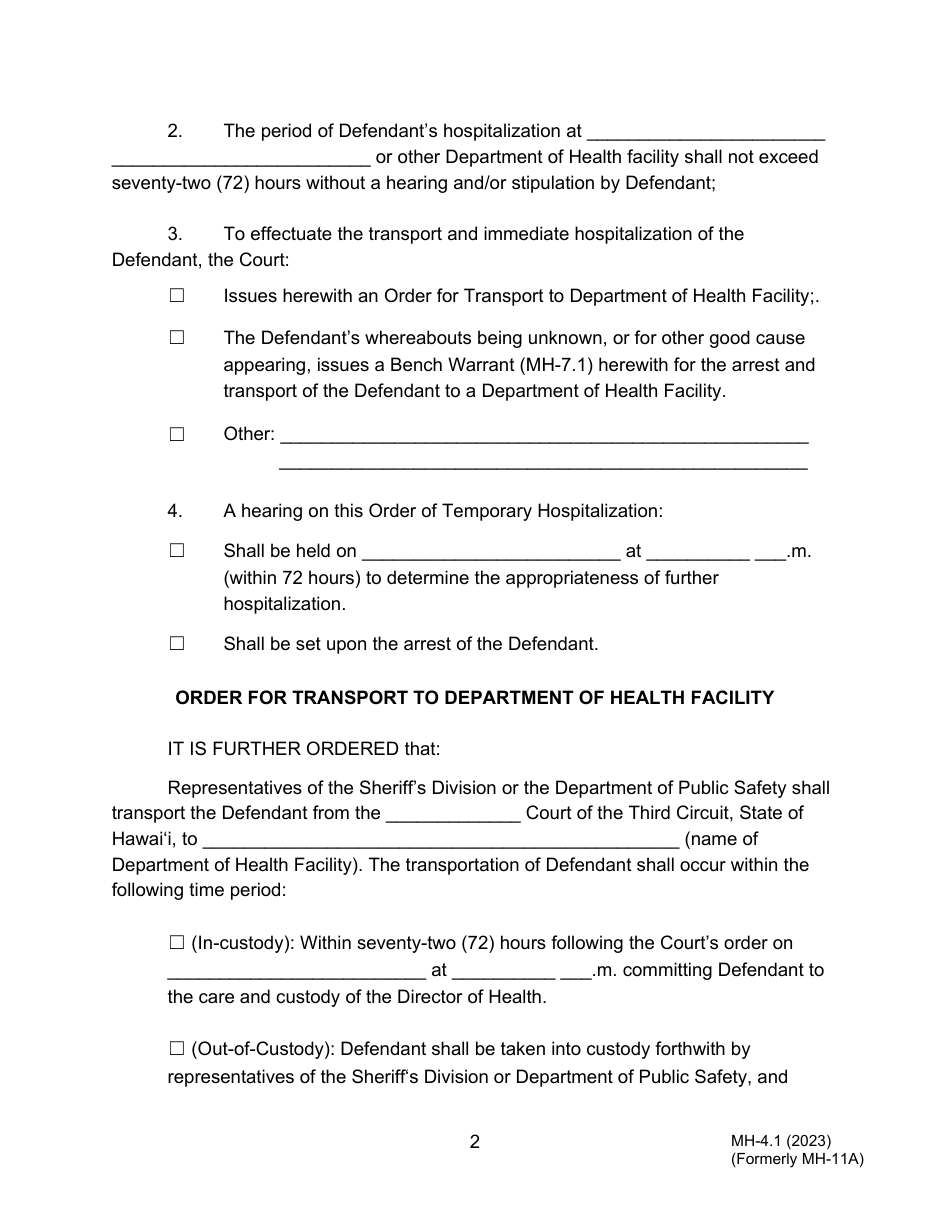 Form MH-4.1 (3C-P-527) Order of Temporary Hospitalization for Noncompliance With Release on Conditions and Order for Transport - Hawaii, Page 2
