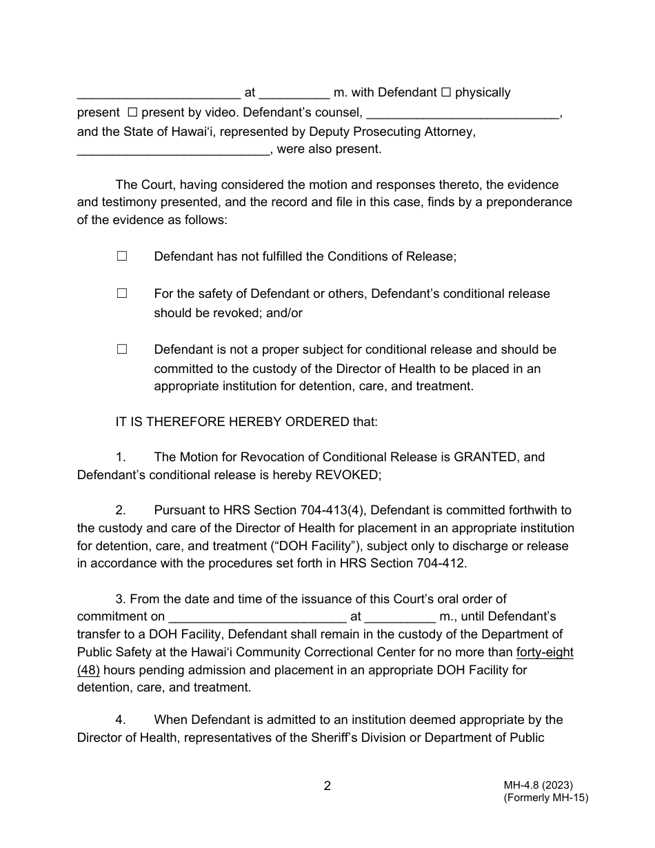 Form MH-4.8 (3C-P-534) Order Revoking Conditional Release, Committing Defendant to the Custody of the Director of Health, and Order for Transport - Hawaii, Page 2