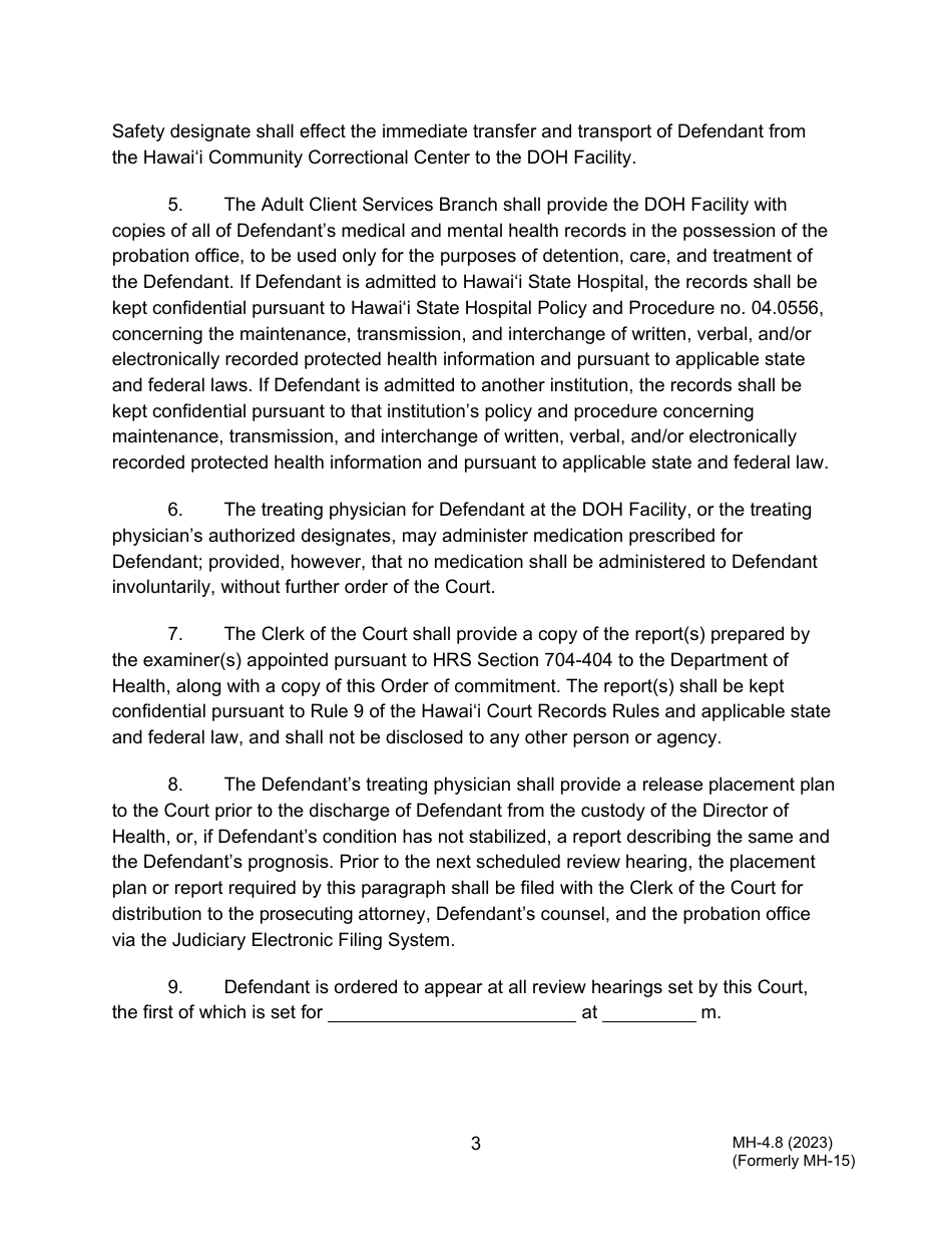 Form MH-4.8 (3C-P-534) Order Revoking Conditional Release, Committing Defendant to the Custody of the Director of Health, and Order for Transport - Hawaii, Page 3