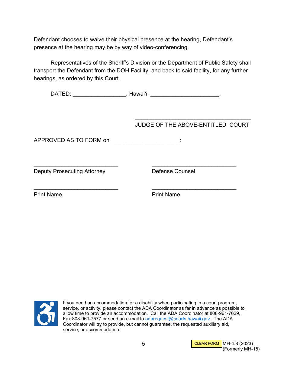 Form MH-4.8 (3C-P-534) Order Revoking Conditional Release, Committing Defendant to the Custody of the Director of Health, and Order for Transport - Hawaii, Page 5