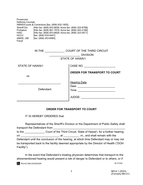 Form MH-6.1 (3C-P-504) Order for Transport to Court - Hawaii