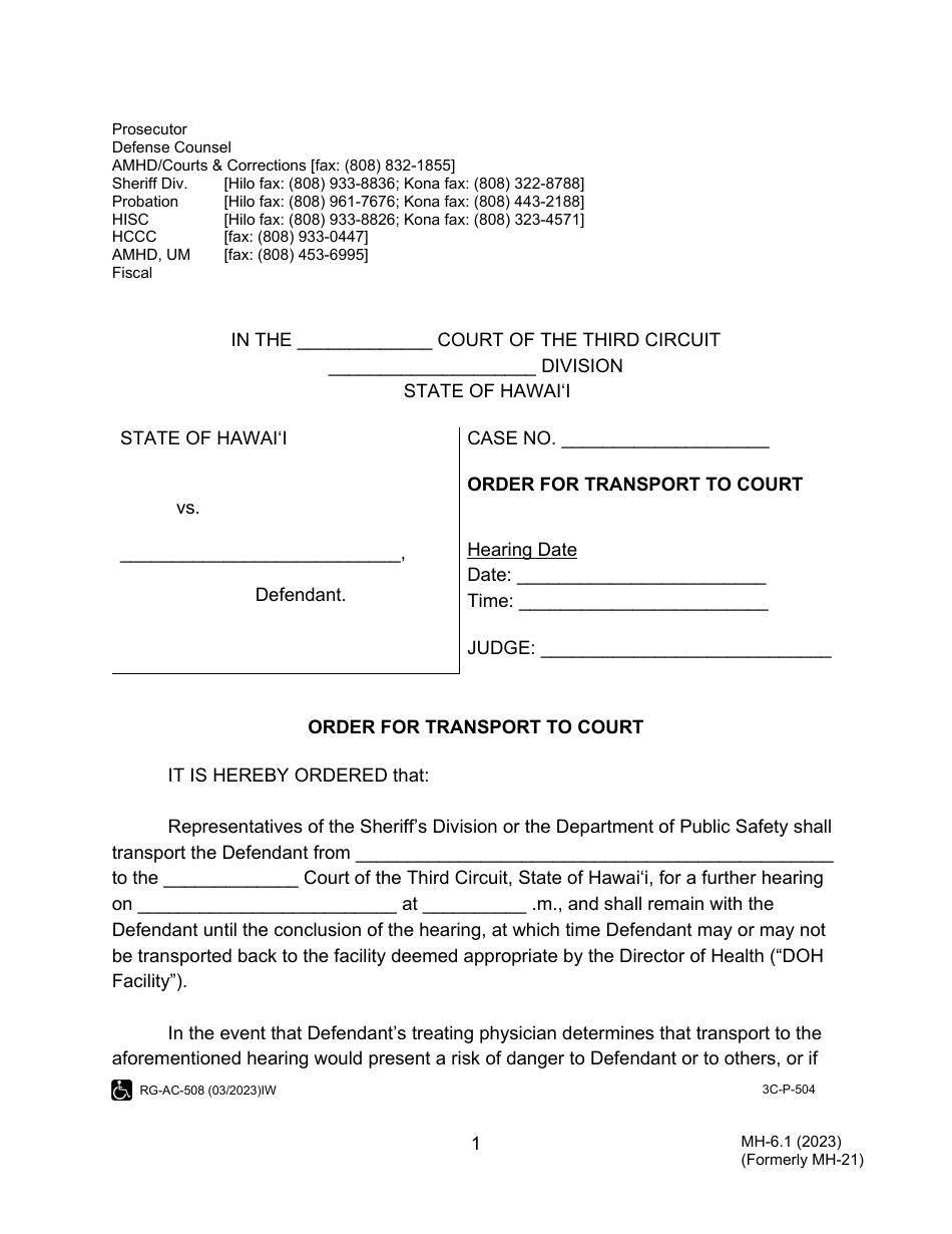 Form MH-6.1 (3C-P-504) Order for Transport to Court - Hawaii, Page 1