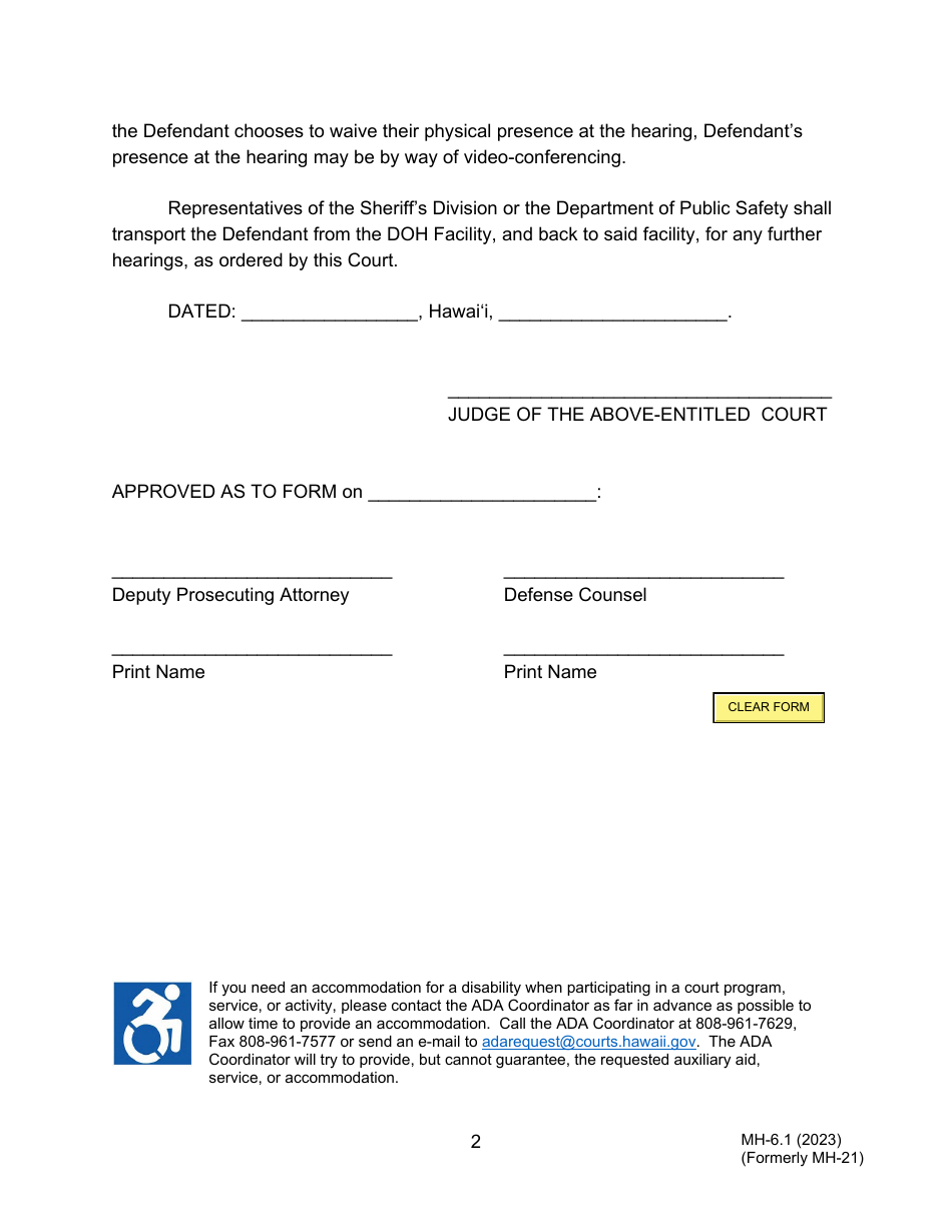 Form MH-6.1 (3C-P-504) Order for Transport to Court - Hawaii, Page 2