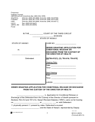 Document preview: Form MH-5.2 (3C-P-538) Order Granting Application for Conditional Release or Discharge From the Custody of the Director of Health - Hawaii